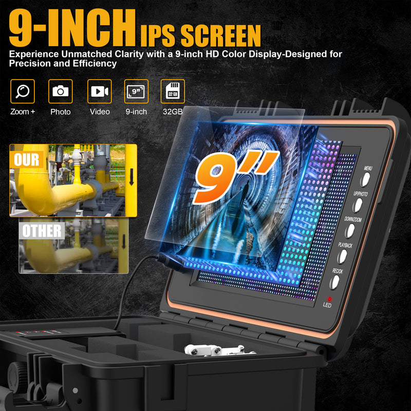 Powerwill L09D2 Sewer Inspection Camera – DVR, Self-Leveling, 9" IPS Monitor