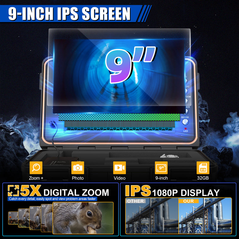 Powerwill L09D1 Sewer Inspection Camera – DVR, Self-Leveling, 9" IPS Monitor