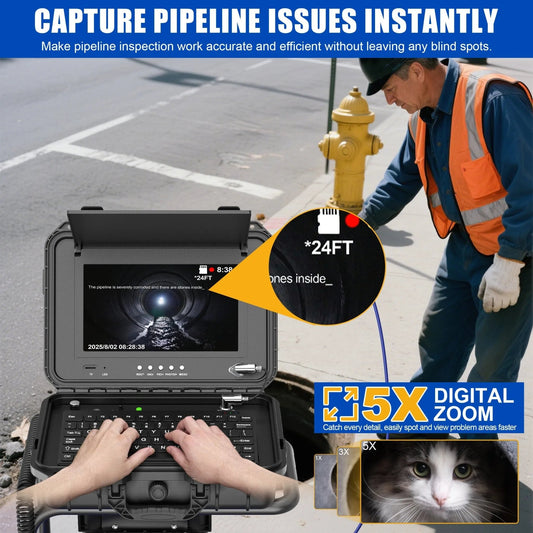 Powerwill 10DZ sewer inspection camera captures pipeline issues instantly with 5x zoom and HD clarity, ideal for professional diagnostics.