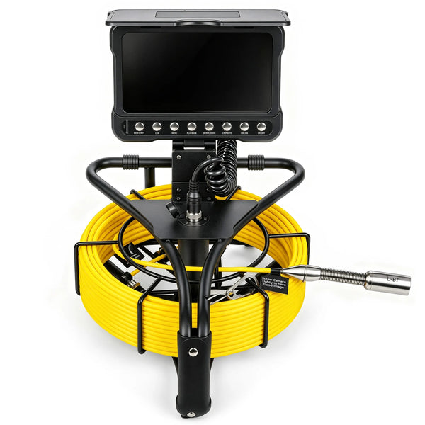 Powerwill PW07D6 sewer inspection camera front view with open monitor, yellow push cable and camera probe