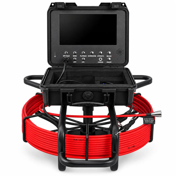 Powerwill PW9D8-V1 sewer inspection camera front view with open monitor case and red push cable reel