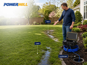 American homeowner comparing lawn, yard, and landscape drainage zones with a Powerwill inspection camera in a suburban backyard