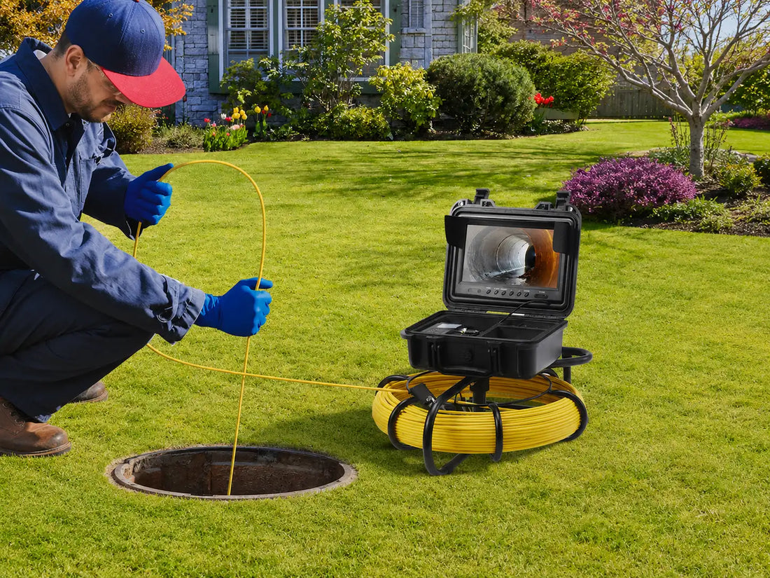 Budget sewer camera with phone-based viewing being used at a suburban cleanout