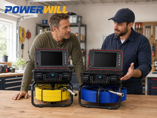 Drain cameras laid out on a garage workbench with a homeowner and plumber comparing options