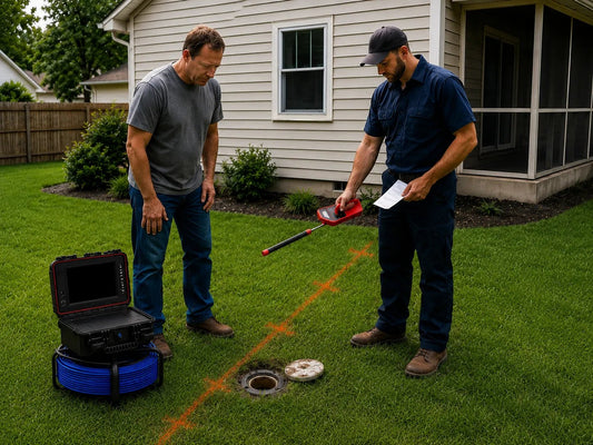 Homeowner and septic technician locating a septic tank path in a suburban yard without excavation