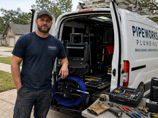 Independent plumber setting up a sewer inspection camera business with camera reel, service truck, and pricing notes