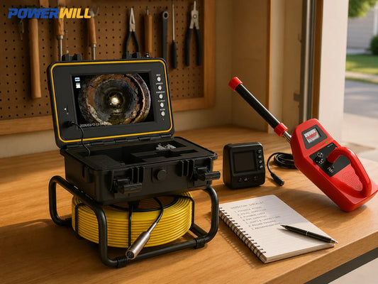 Powerwill L09D1 sewer camera on a home garage workbench compared against two smaller generic pipe inspection cameras with a handwritten buying-decision notebook