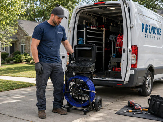 Professional plumber reviewing a plumber camera system beside a service van before an inspection job