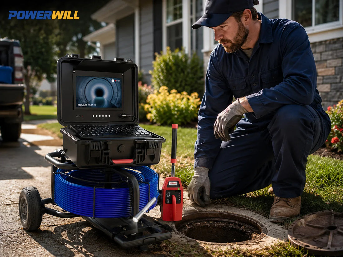 Professional plumber reviewing sewer inspection footage beside a locator-ready camera system at a suburban job site