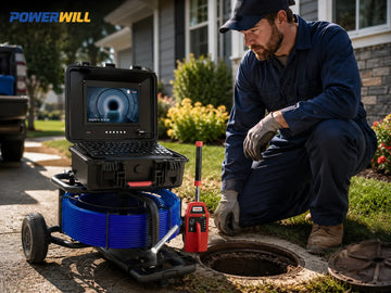 Professional plumber reviewing sewer inspection footage beside a locator-ready camera system at a suburban job site