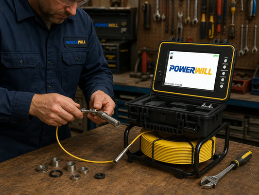 Professional technician replacing a sewer camera head on a Powerwill inspection system at a workshop bench