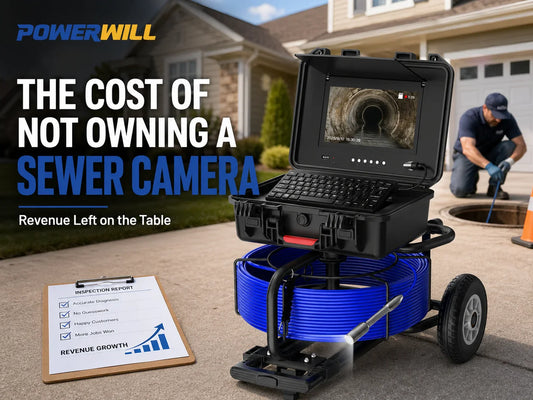 Professional plumber using a Powerwill sewer camera beside a residential exterior cleanout