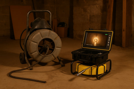 Powerwill sewer camera positioned next to a drain snake machine at a residential cleanout to compare clearing versus inspection tools