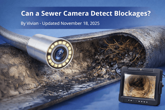 Sewer inspection camera detecting blockage inside underground drain pipe
