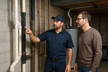 Homeowner and plumber identifying different plumbing pipe materials in a basement utility area