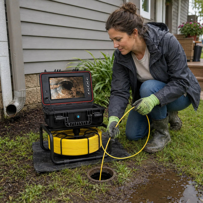 Homeowner viewing a drain camera beside a downspout and a residential yard access point