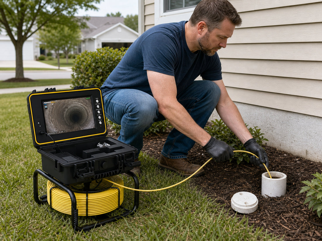 Inspector using a compact sewer camera at a residential cleanout during a home evaluation