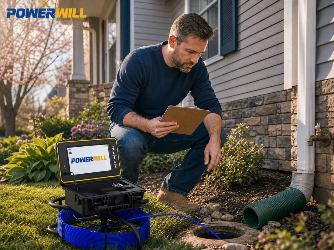 Homebuyer and inspector standing near an exterior cleanout at a suburban home before closing