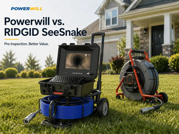 Professional plumber operating a long-run sewer camera reel system in a residential driveway with monitor and push cable visible