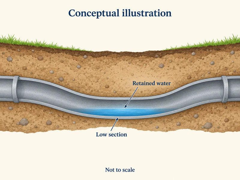 Conceptual longitudinal illustration of a low sewer pipe section retaining water; not to scale