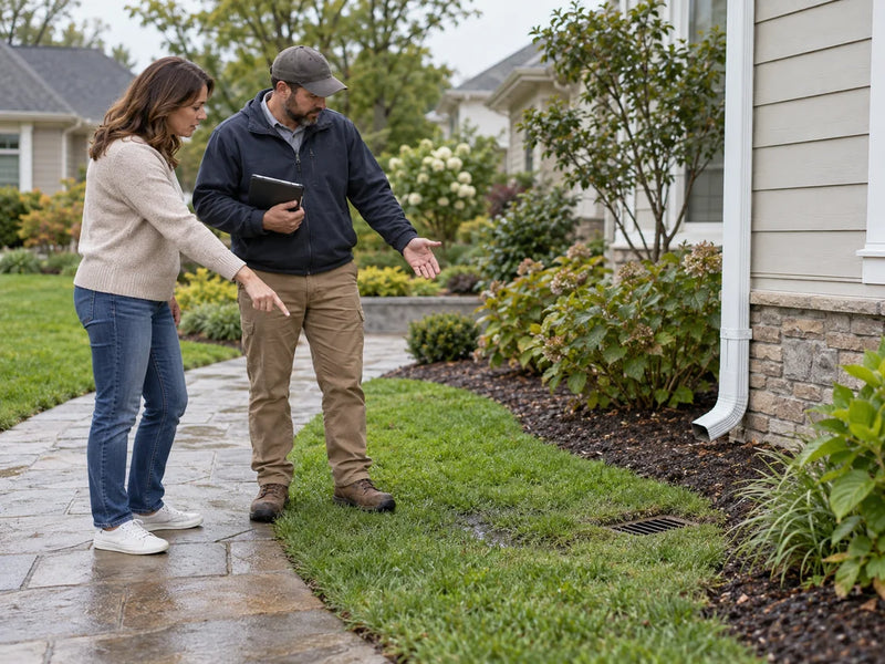 Homeowner and drainage contractor discussing a damp lawn beside a suburban house and yard drain