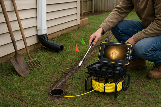 Homeowner troubleshooting yard drainage with a Powerwill inspection camera beside a wet lawn and shallow trench tools