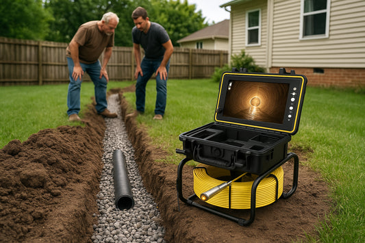 American homeowner installing a French drain in a backyard while using a Powerwill inspection camera to check the outlet line