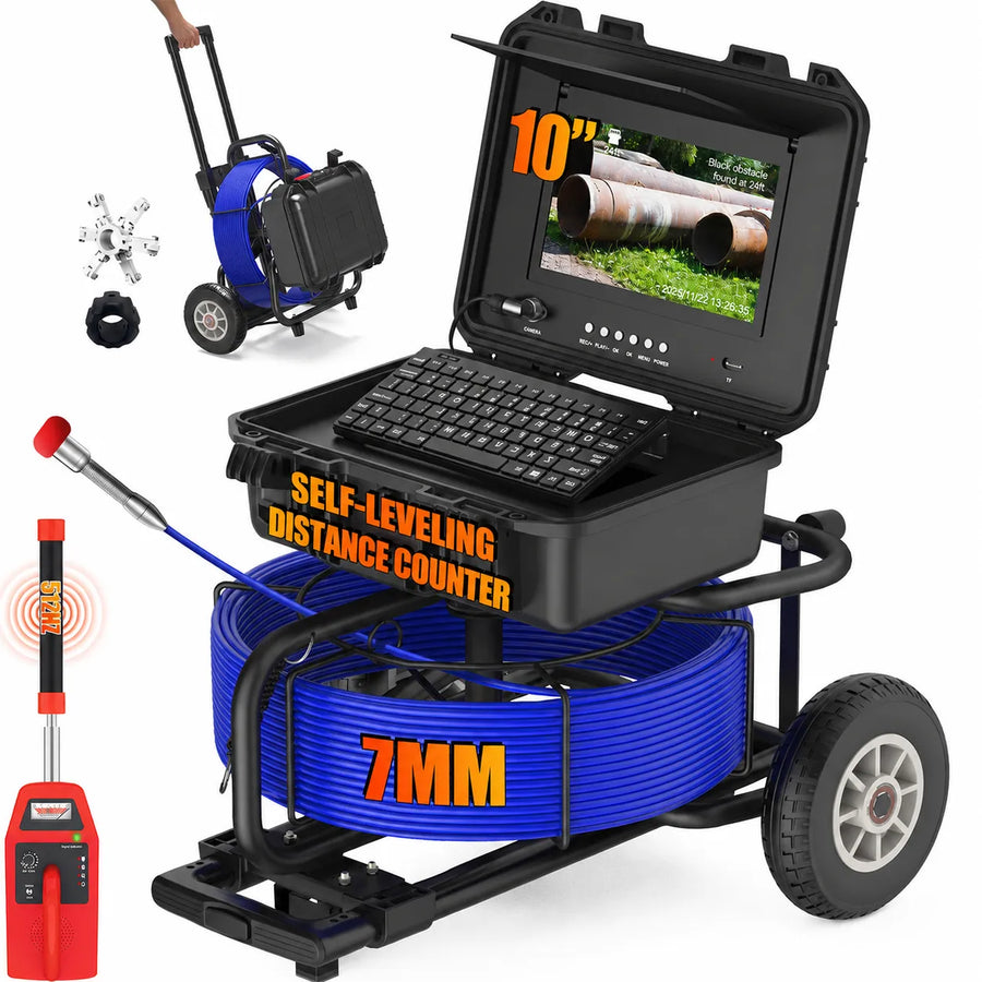 Powerwill PW10DX1 Sewer Inspection Camera - 10-Inch IPS Monitor, Distance Counter,Keyboard, Self-Leveling
