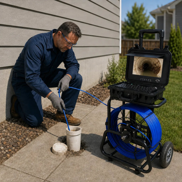 Powerwill PW10DZ sewer inspection camera checking a residential outdoor cleanout
