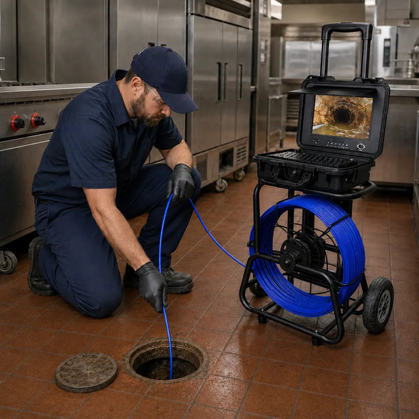 Powerwill PW10DZ drain camera inspecting a commercial kitchen floor drain