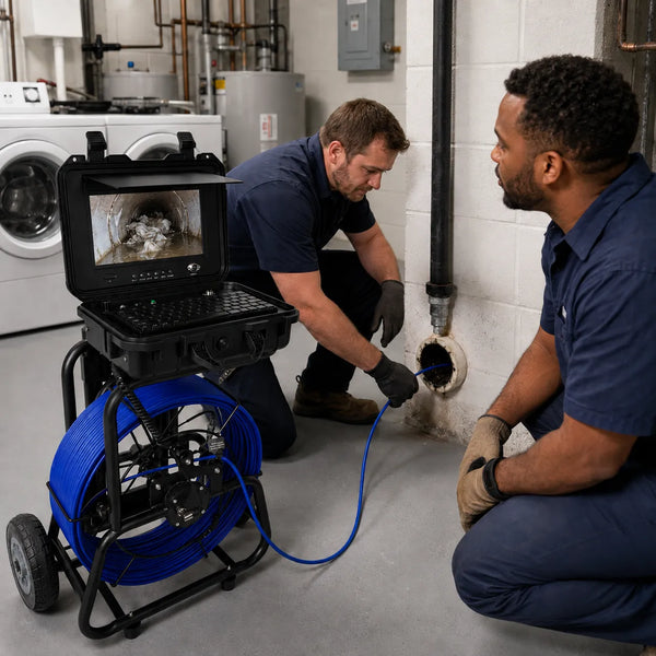 Plumber using a Powerwill PW10DZ sewer camera for a residential drain inspection