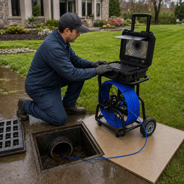 Powerwill PW10DZ sewer camera inspecting an outdoor yard drain catch basin