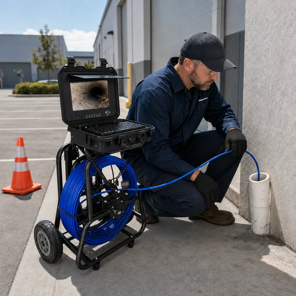 Technician using a Powerwill PW10DZ pipe inspection camera near a service van