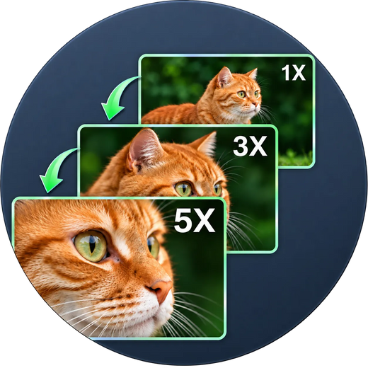 5x digital zoom demonstration using an orange tabby cat at 1x, 3x, and 5x magnification.