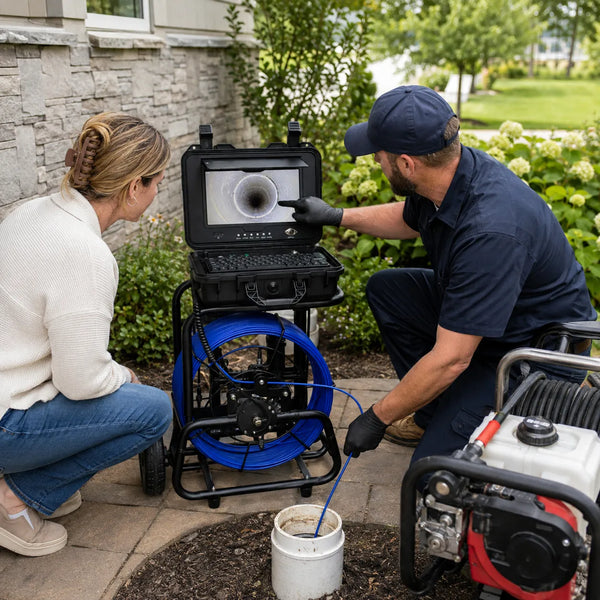 Plumber demonstrating a Powerwill PW10DZ sewer camera during a home inspection