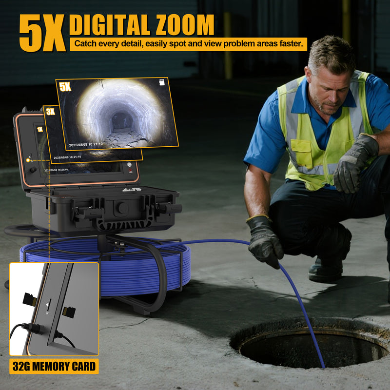 9-inch Large Sewer Camera with  98.4. 4 ft with 5mm Coil, DVR, Self Leveling| L09D2