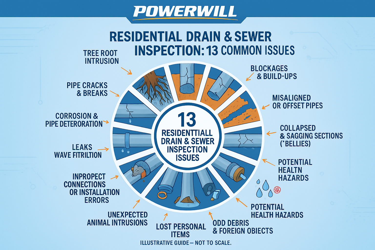 13 most common issues typically found during residential drain and sewer inspections.