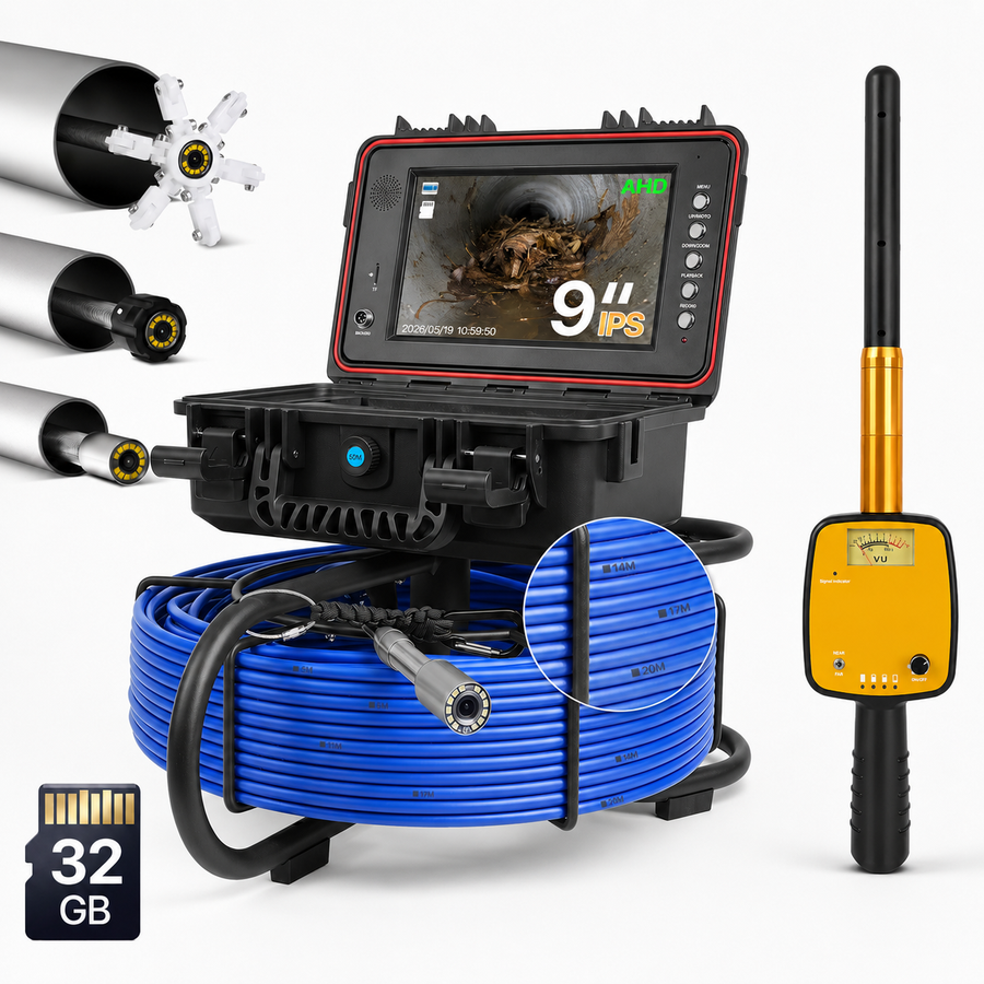 Powerwill L09D2 Sewer Camera – DVR, Meter Marking, Self-Leveling, 512Hz Locating Kit, 9" IPS Monitor, 200ft Cable