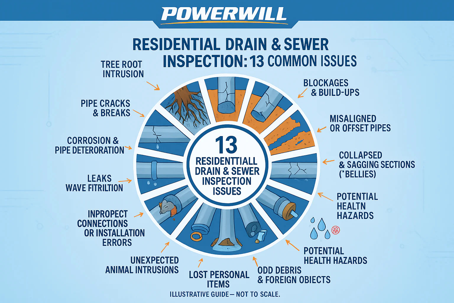 13 most common issues typically found during residential drain and sewer inspections.