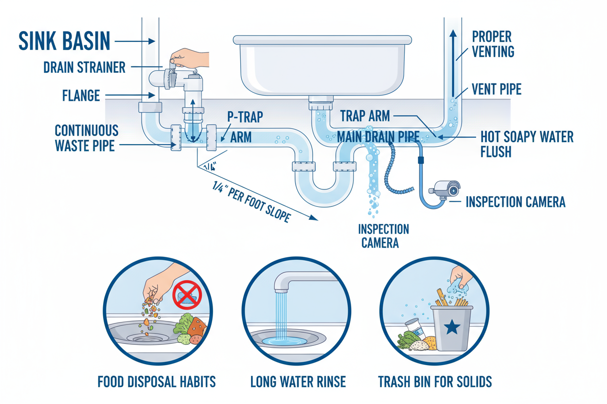 Diagram explaining sink drain clog causes and proper pipe inspection method