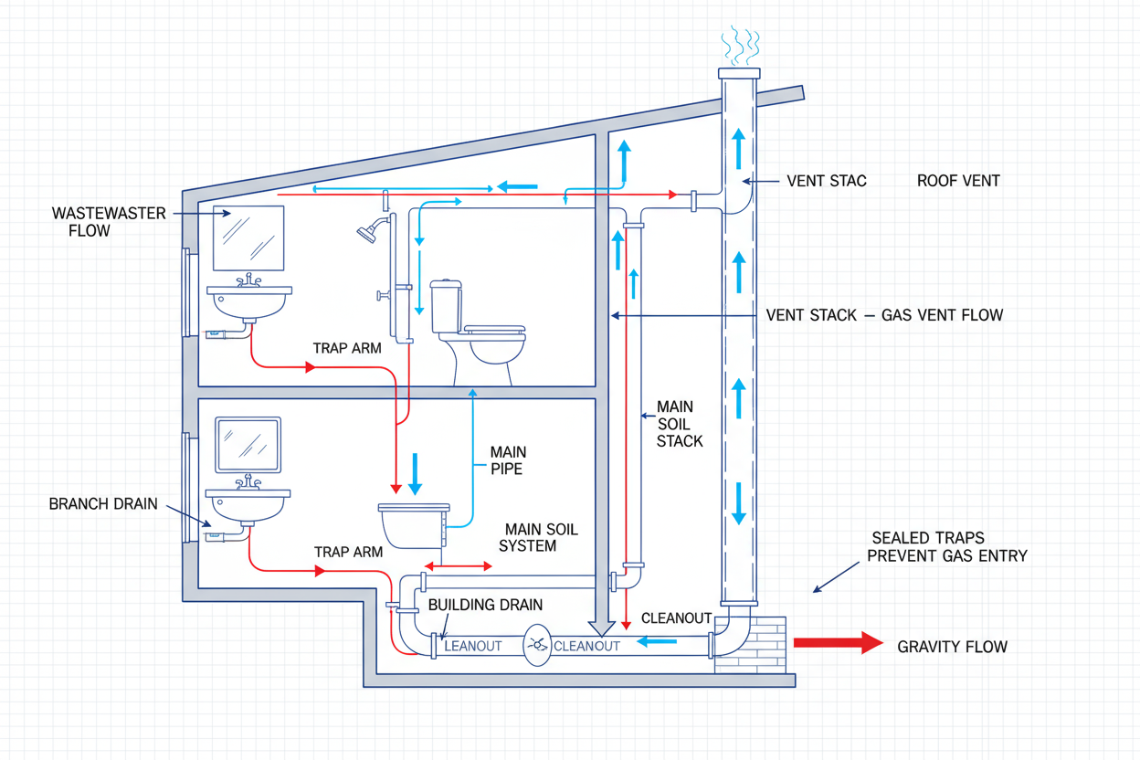 Drain-waste-vent (DWV) system: gravity-driven lines removing wastewater and venting gases.