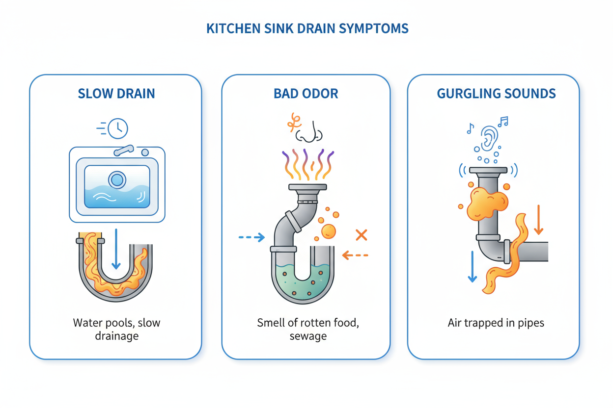 Common kitchen sink drain symptoms including slow drainage, bad odor, and gurgling sounds