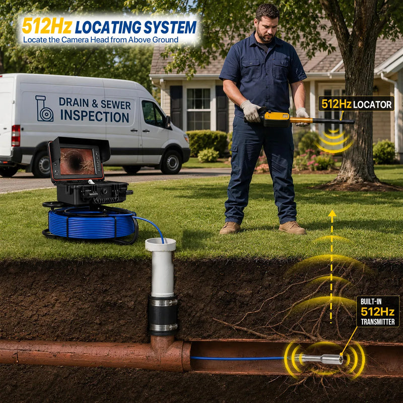 Powerwill 512Hz locator receiver locating a sewer camera sonde above ground