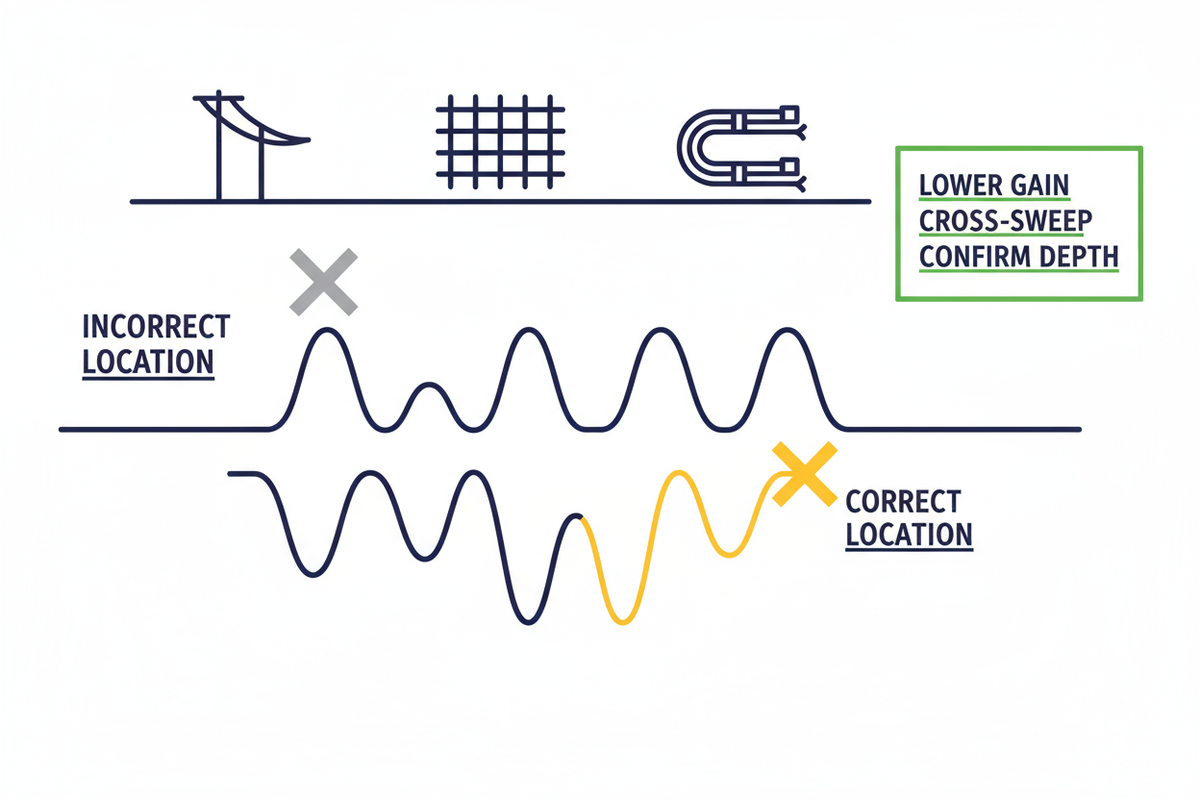 EMI distorts the peak; wrong gray X vs correct yellow X; tips to reduce gain and cross-sweep.
