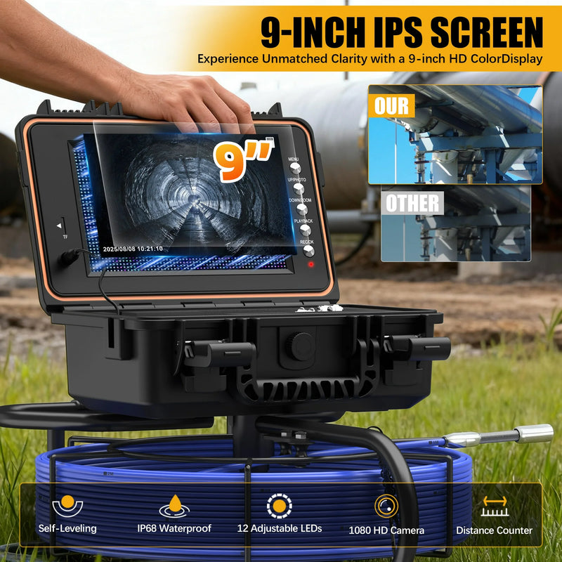Powerwill L09D2 Sewer Inspection Camera – DVR, Self-Leveling, 9" IPS Monitor