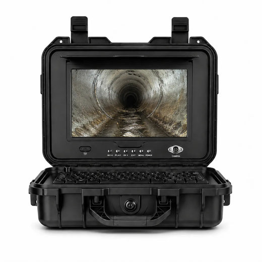 Powerwill PW10DZ monitor case displaying a live view inside a sewer pipe