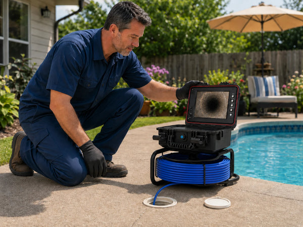 Poolside drain inspection in progress