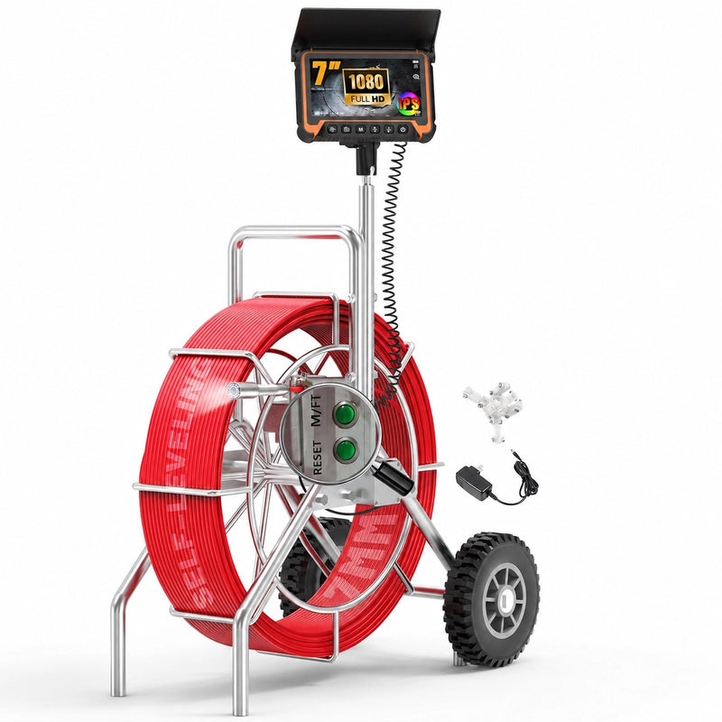 Powerwill 7GY 200FT Sewer Camera with 512Hz Transmitter, Distance Counter, DVR Recording, 7-Inch IPS Monitor, Self-Leveling Pipe Inspection Camera