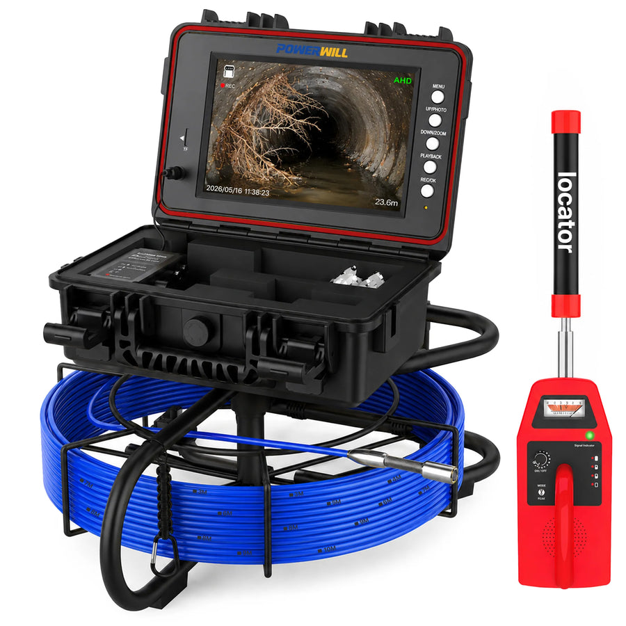 Powerwill L09D2 Sewer Camera – DVR, Meter Marking, Self-Leveling, 512Hz Locating Kit, 9" IPS Monitor, 200ft Cable