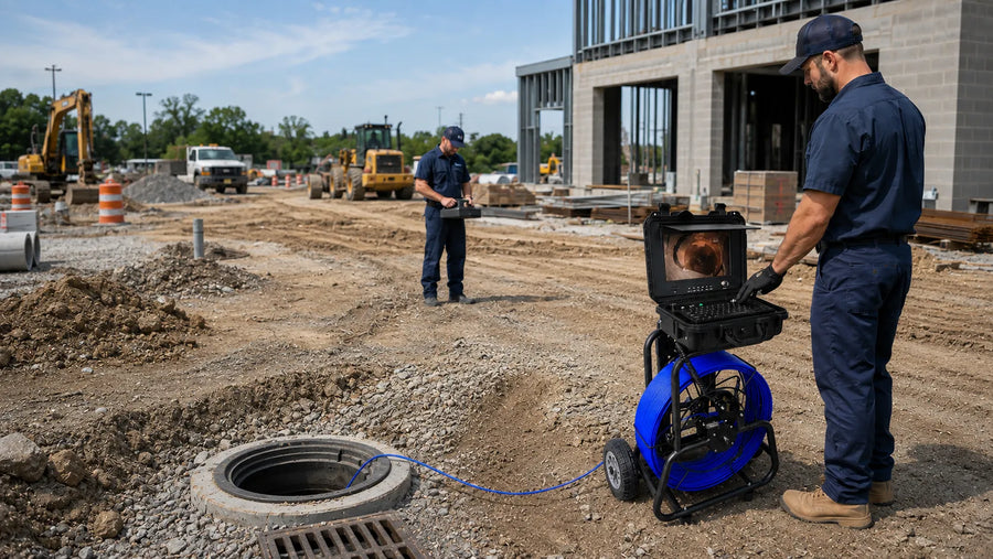Powerwill PW10DZ sewer camera reaching up to 245 feet at a construction site